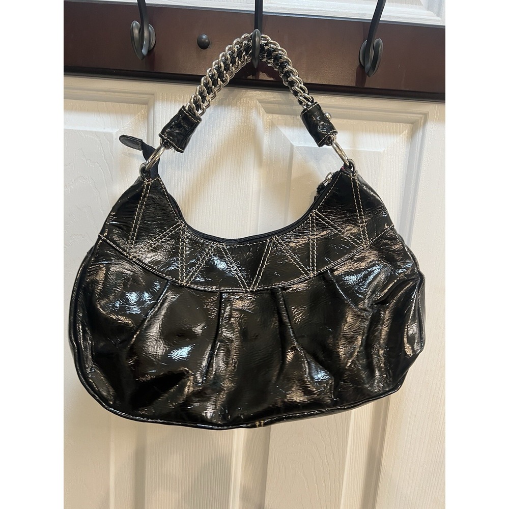 Vtg Y2K Candie's Black Faux Patent Leather Purse Contrast‎ Silver Chain Handle